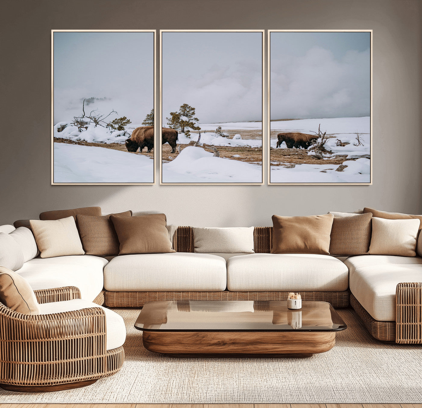 60308289-MGV-CV-36X24-Bison Wildlife Wall Art Canvas Print – Framed Snowy Prairie Western Rustic Nature Scene Artwork for Home Office
