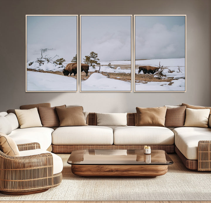 Bison Wildlife Wall Art Canvas Print, Framed Snowy Prairie Art Picture Print, Western Perfect Rustic Decor Artwork