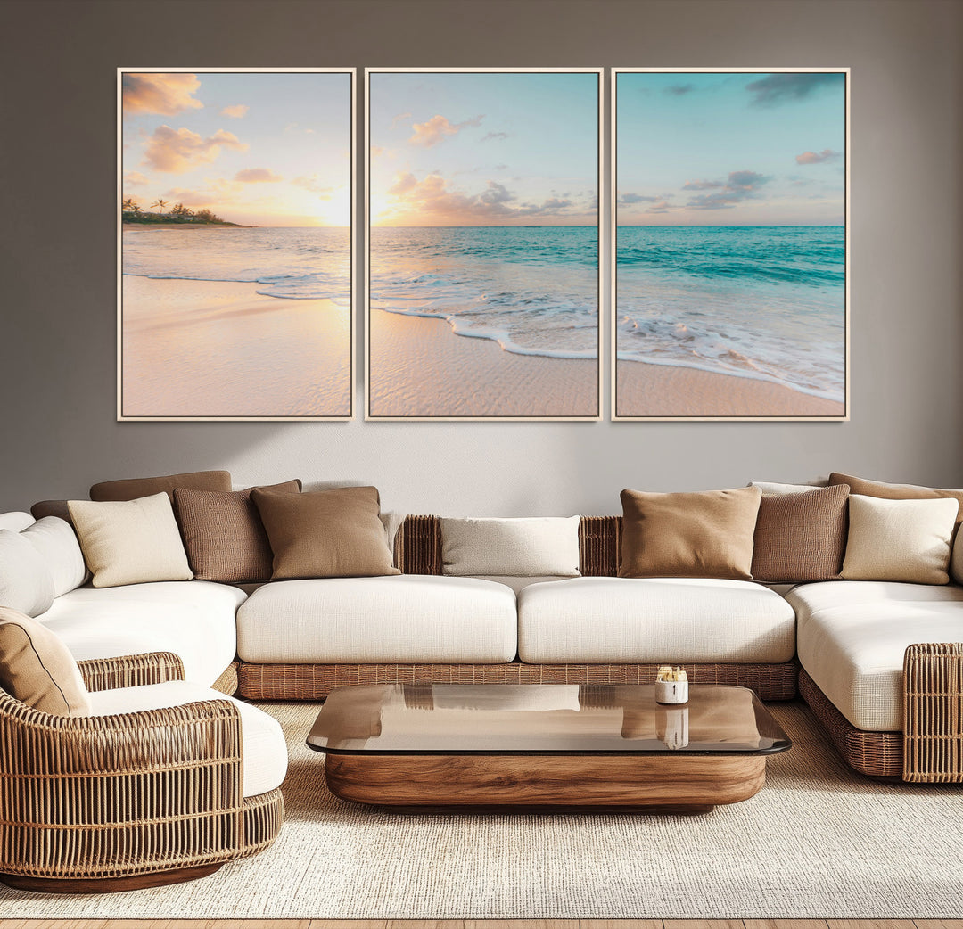 Beach Sunset Wall Art Canvas Print, Framed Ocean Waves Art Picture Print, Summer Escape Perfect Coastal Decor Artwork