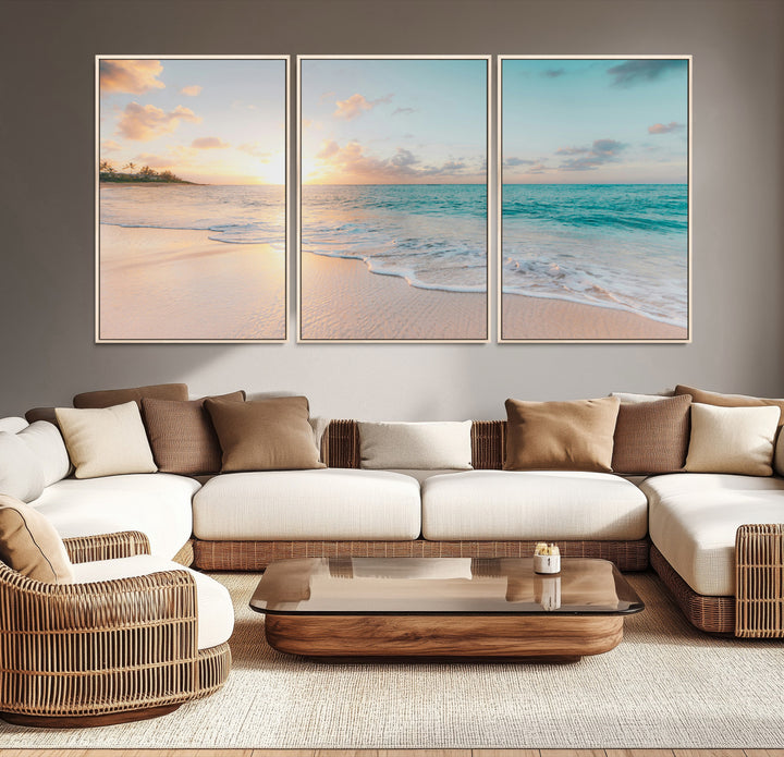 Beach Sunset Wall Art Canvas Print, Framed Ocean Waves Art Picture Print, Summer Escape Perfect Coastal Decor Artwork