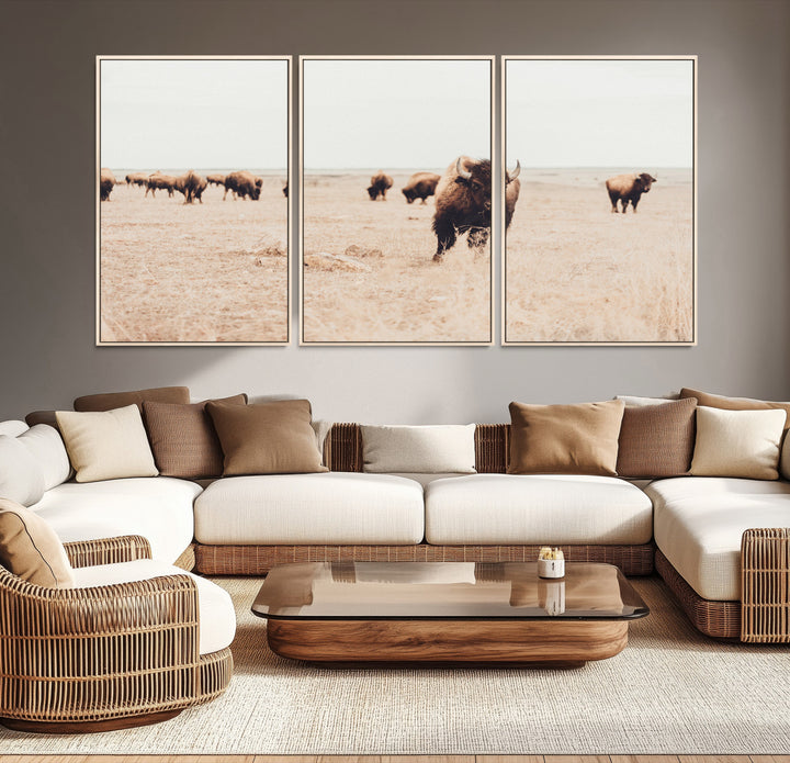 Bison Herd Wall Art Canvas Print, Framed Western Art Picture Print, Prairie Serenity Perfect Ranch Decor Artwork