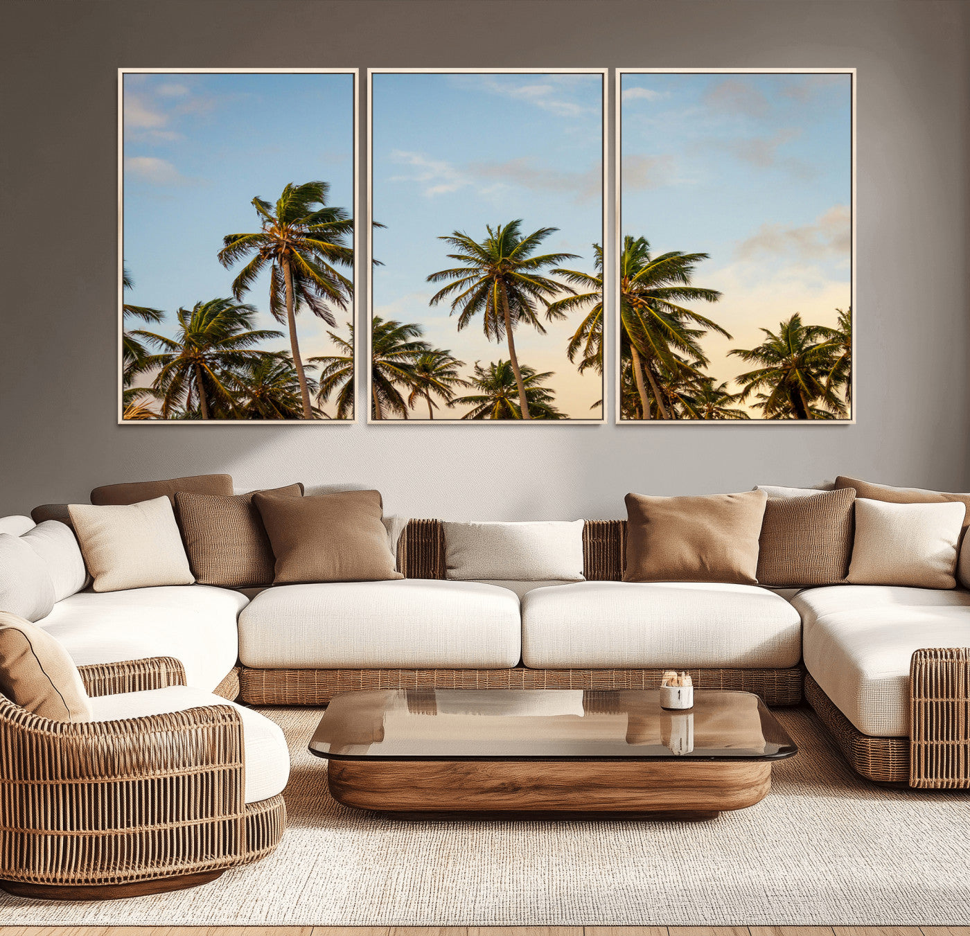 MGV-FC-60X30-3P - Palm Trees Wall Art Canvas Print, Framed Tropical Vibes Art Picture Print, Coastal Sunset Perfect Coastal Boho Decor Artwork