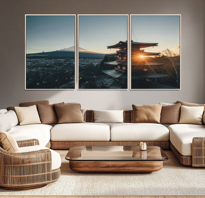 Chureito Pagoda at sunset with Mount Fuji in the background, city lights below, and golden sun rays, ideal for Japanese-inspired wall art.
