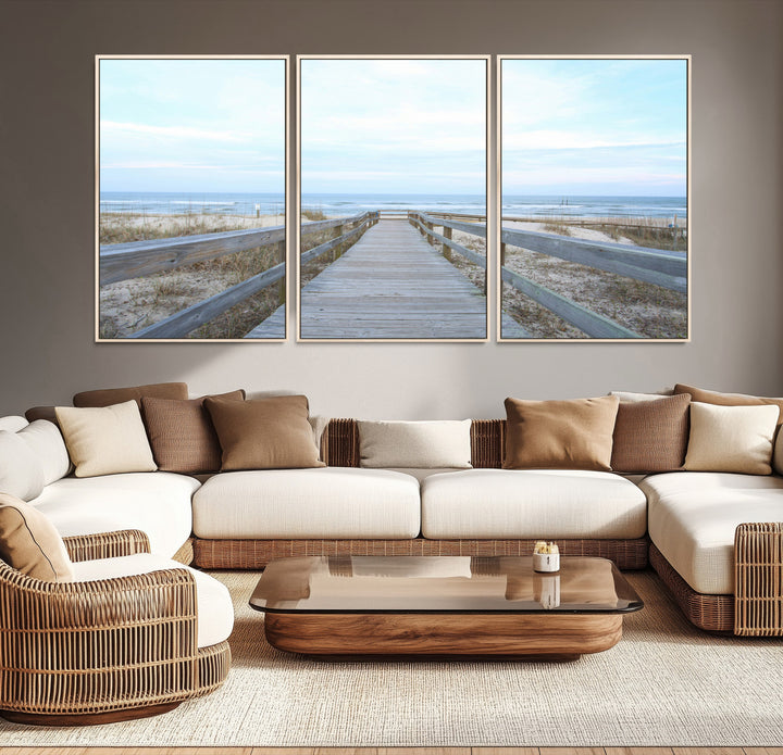 Beach Boardwalk Wall Art Canvas Print, Framed Coastal Serenity Art Picture Print, Ocean View Perfect Coastal Decor Artwork