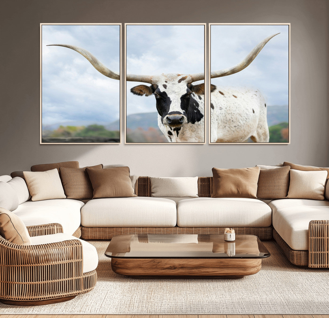 63592811-MGV-CV-36X24-Texas Longhorn Wall Art Canvas Print – Framed Western Rustic Farmhouse Nature Scene Artwork for Home Office