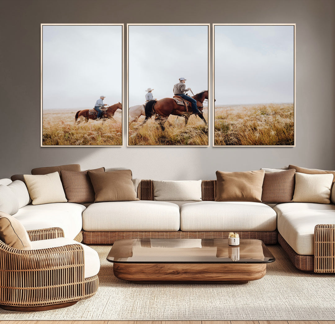 Three cowboys riding horses through a foggy prairie landscape, dressed in Western attire, evoking a rustic and adventurous Wild West aesthetic.