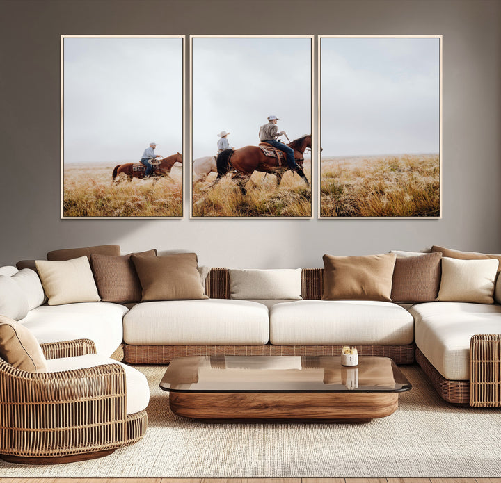 Three cowboys riding horses through a foggy prairie landscape, dressed in Western attire, evoking a rustic and adventurous Wild West aesthetic.