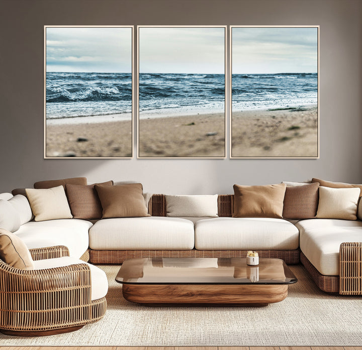 A moody ocean scene with gentle waves washing onto a sandy beach under a cloudy sky, creating a peaceful and coastal atmosphere.