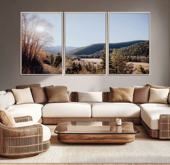 A scenic mountain valley with pine trees and autumn foliage under a clear sky, bathed in golden sunlight, creating a peaceful and rustic landscape.
