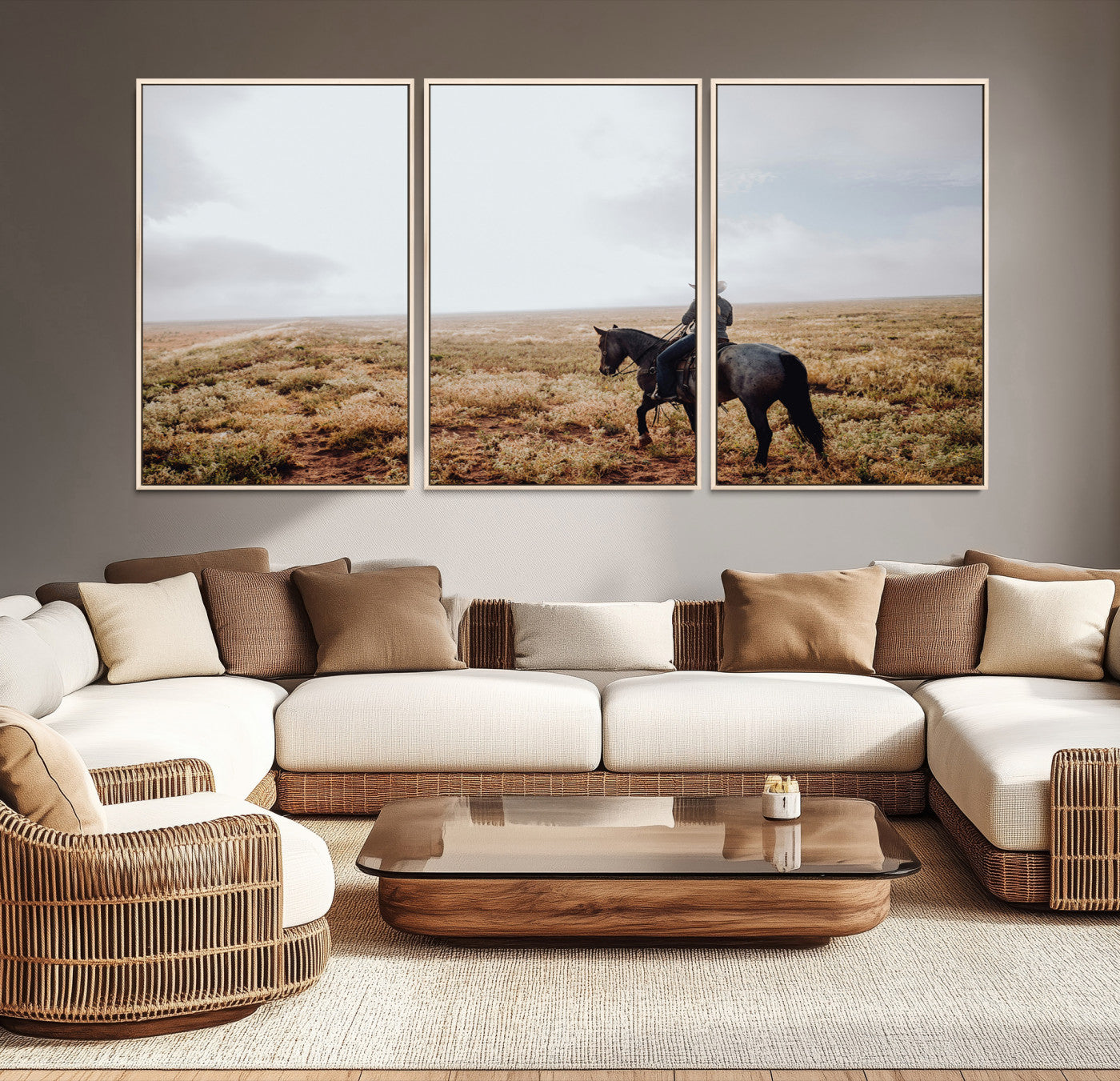 57597730-MGV-CV-36X24-Cowboy Wall Art Canvas Print – Framed Western Rustic Ranch Scene Country Landscape Artwork for Home Office