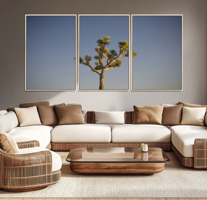 A lone Joshua Tree standing against a deep blue sky, capturing the serene and rugged beauty of the Southwestern desert landscape.