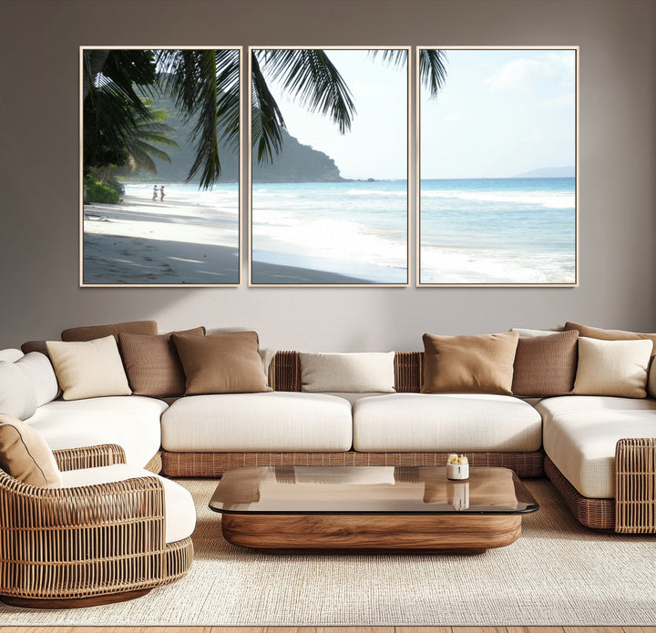 Tropical beach with palm tree shadows, white sand, and turquoise ocean waves, creating a serene and relaxing island escape atmosphere.