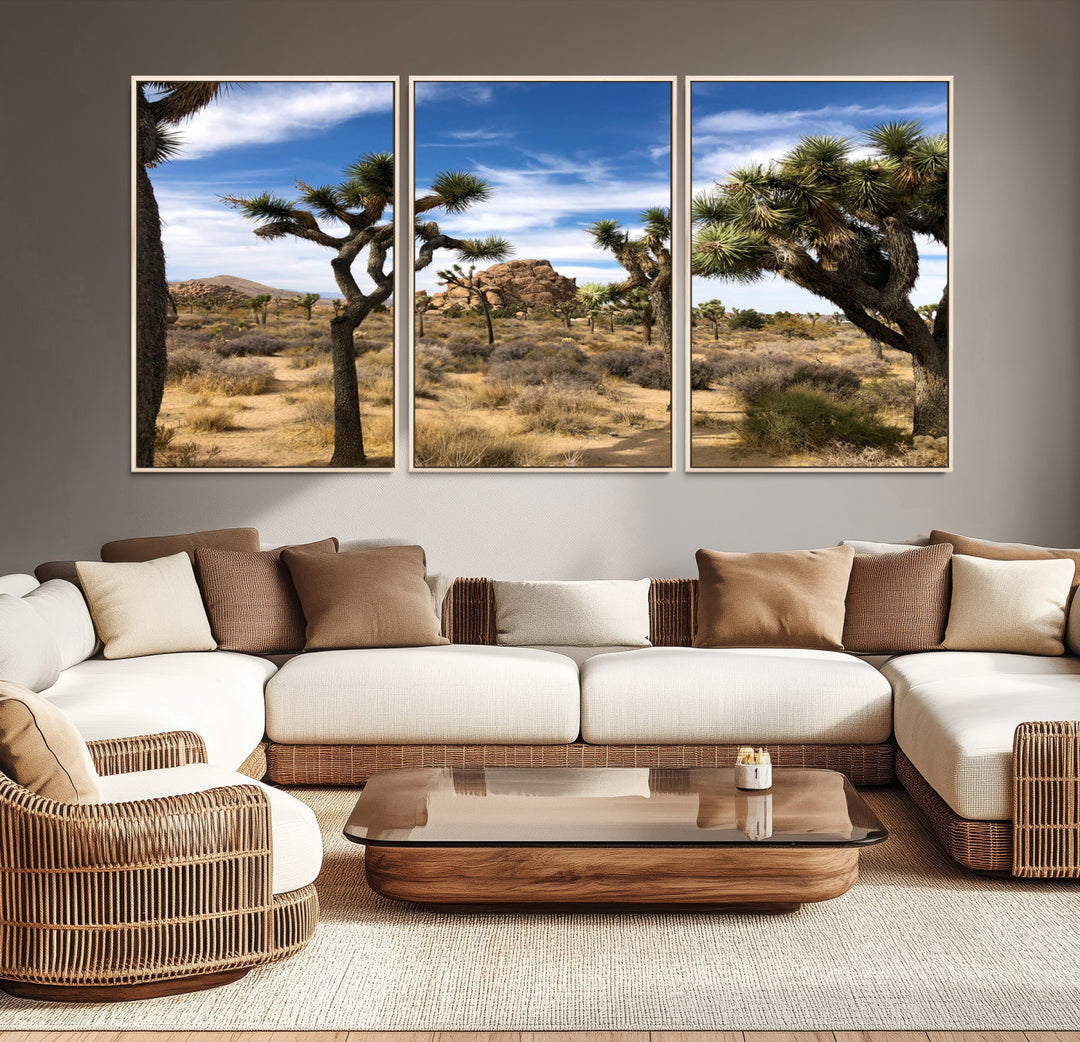 Scenic Joshua Tree landscape with rugged desert terrain, golden dry grass, and a deep blue sky, creating a warm, rustic Southwestern aesthetic.