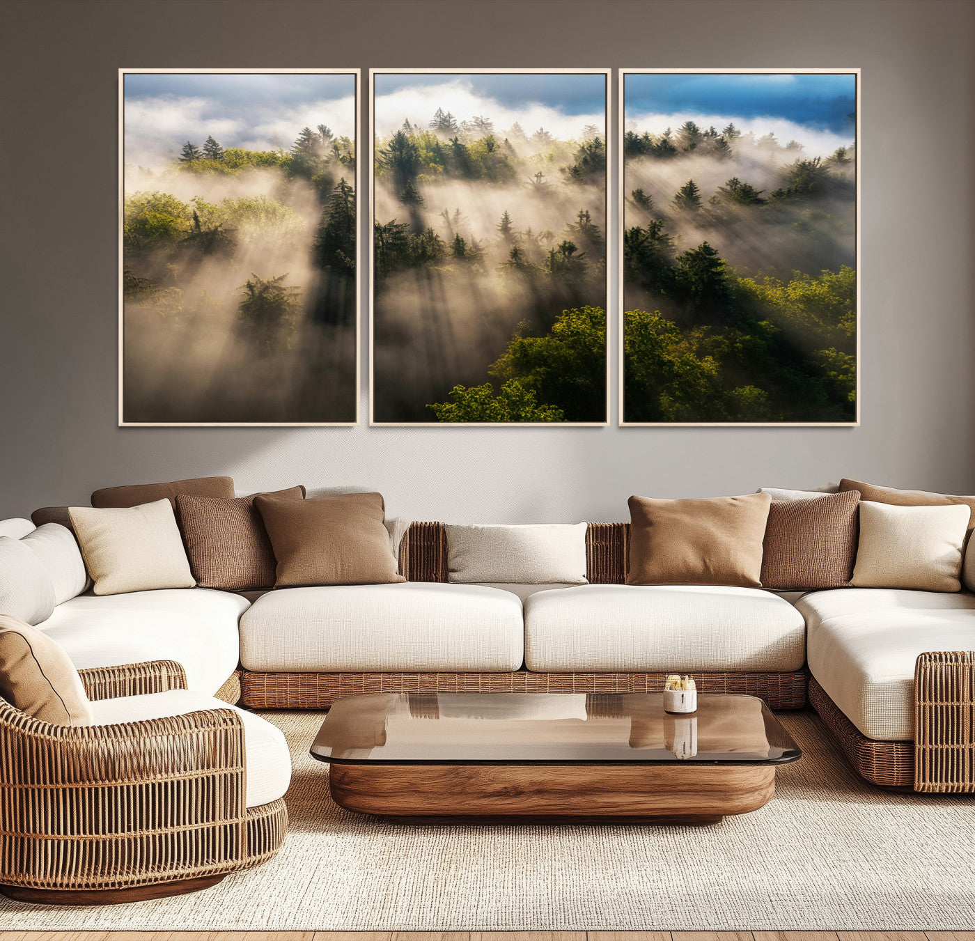 14785710-MGV-CV-36X24-Tranquil Forest Scene Wall Art Canvas Print – Framed Moody Sunbeam Through Trees Nature Artwork for Home Office