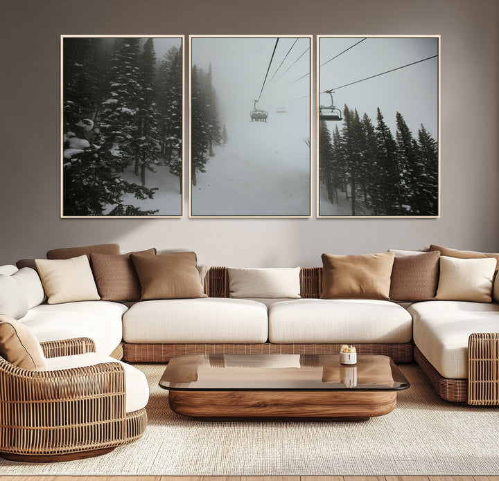 Ski Lift Wall Art Canvas Print, Framed Snowy Pines Art Picture Print, Misty Landscape Perfect Winter Serenity Decor Artwork