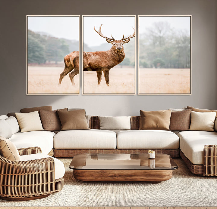 Vintage Wildlife Canvas Print, Framed Misty Landscape Art Picture Print, Deer Wall Art Perfect Rustic Wildlife Decor Artwork
