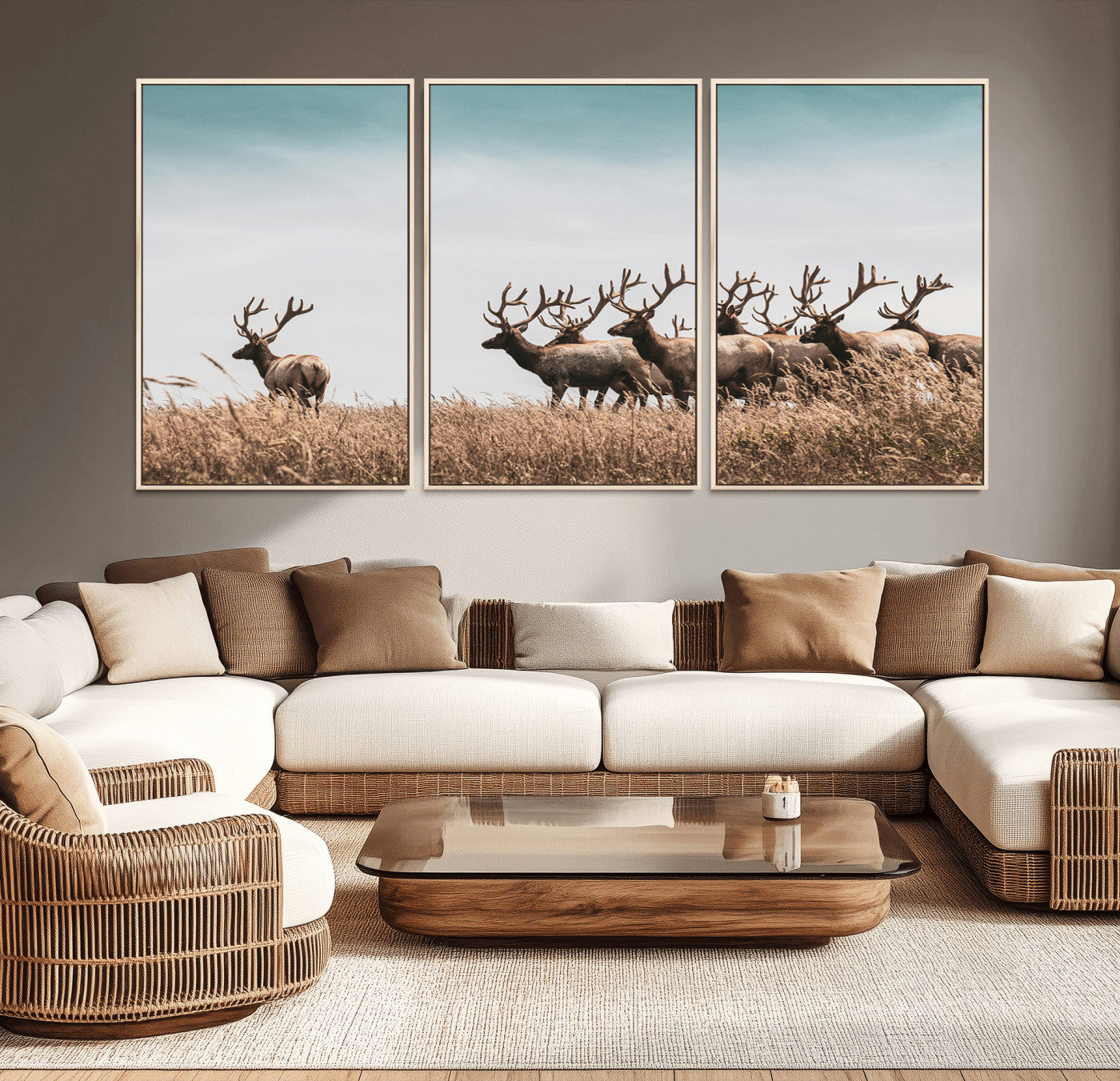 81594705-MGV-CV-36X24-Elk Herd Wall Art Canvas Print – Framed Wildlife Photography Rustic Nature Scene Artwork for Home, Office, Living Room