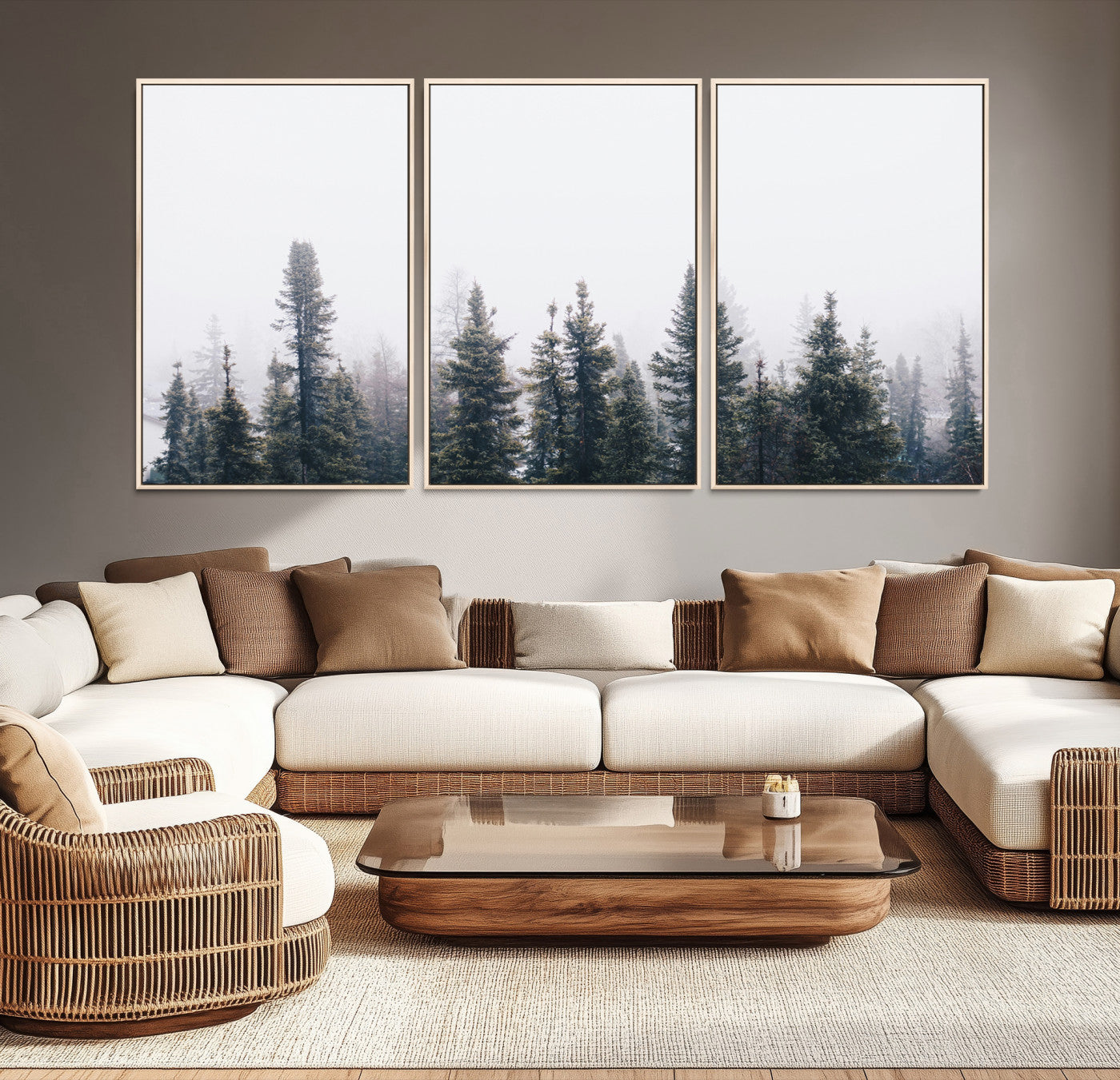 42364796-MGV-CV-36X24-Foggy Forest Wall Art Canvas Print, Framed Misty Pines Art Picture Print, Moody Woodland Perfect Scandinavian Minimalist Decor Artwork