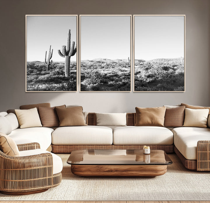 Saguaro Cactus Wall Art Canvas Print, Monochrome Landscape Print, Framed Scenic Arizona Art Print, Large Timeless Western Aesthetic Printing