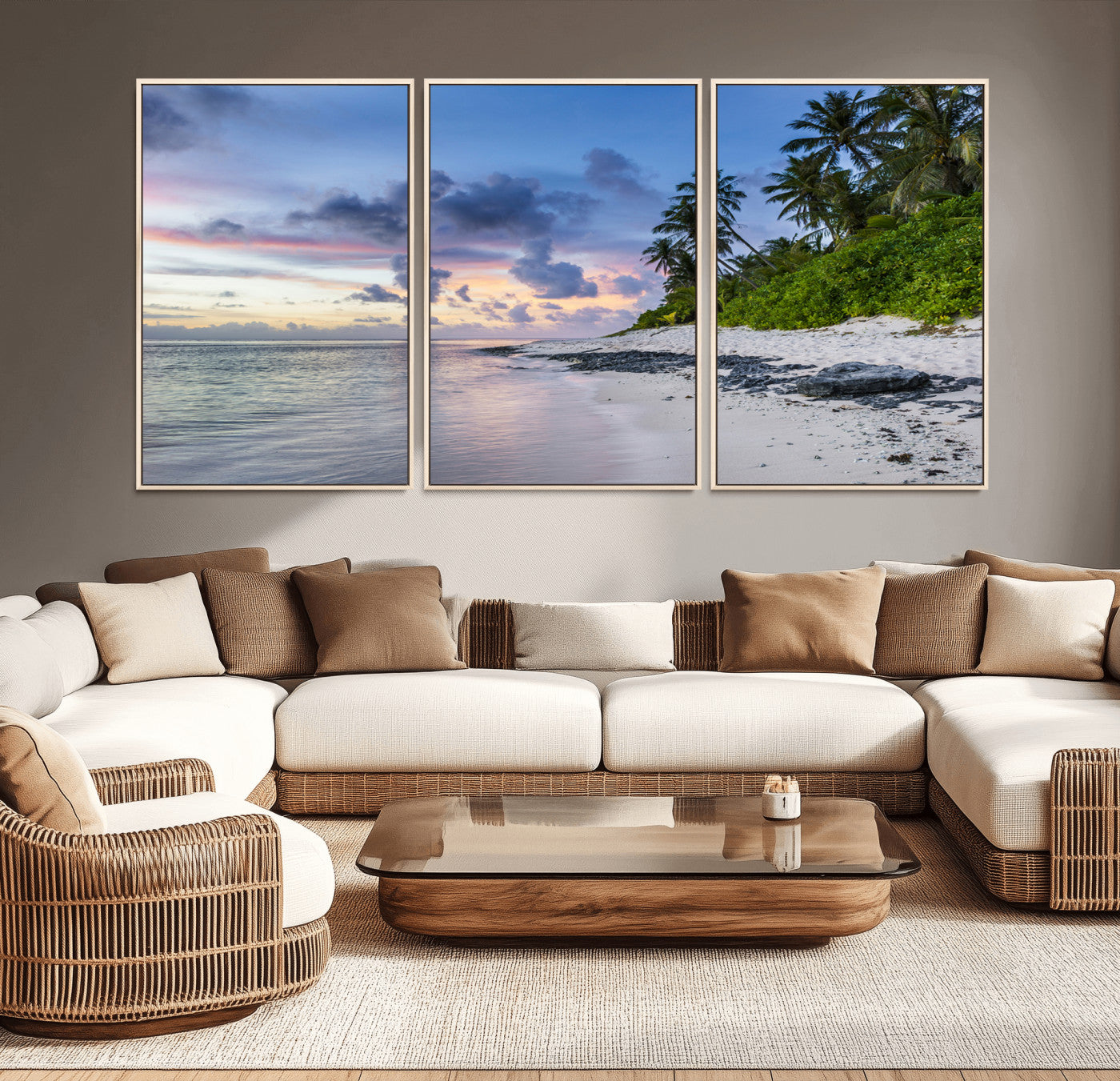 MGV-FC-60X30-3P - Tropical Beach Wall Art Canvas Print, Framed Sunset Glow Art Picture Print, Palm Tree Coast Perfect Tropical Coastal Decor Artwork