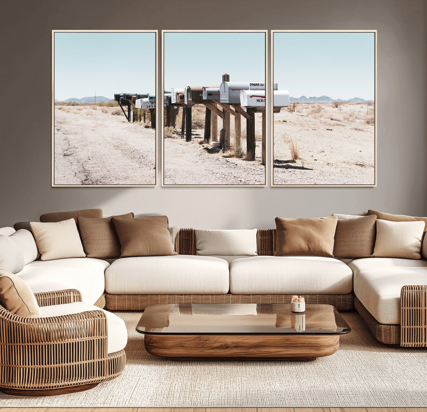MGV-FC-60X30-3P - Desert Mailboxes Canvas Print – Minimal Western Landscape Photography, Rustic Americana Wall Art for