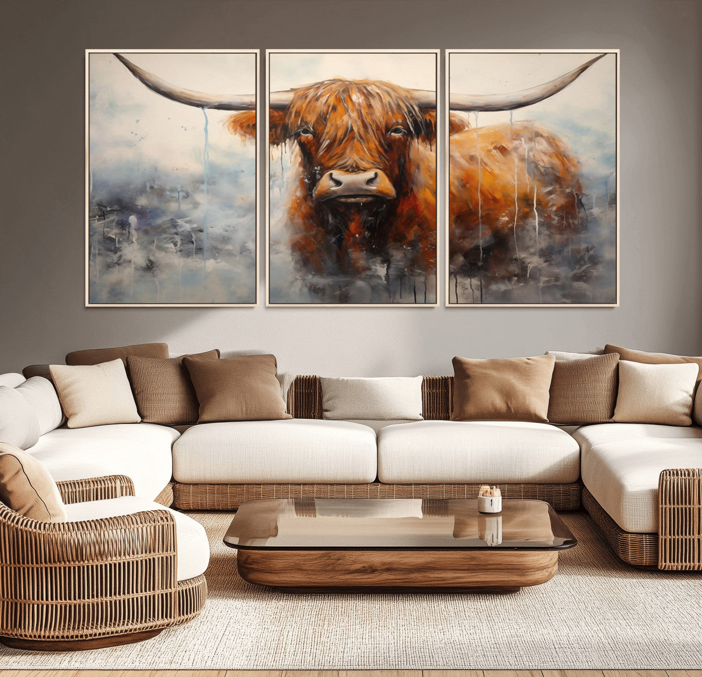 MGV-FC-60X30-3P - Scottish Highland Wall Art Canvas Print, Framed Longhorn Art Picture Print, Western Cow Perfect Farmhouse Decor Artwork
