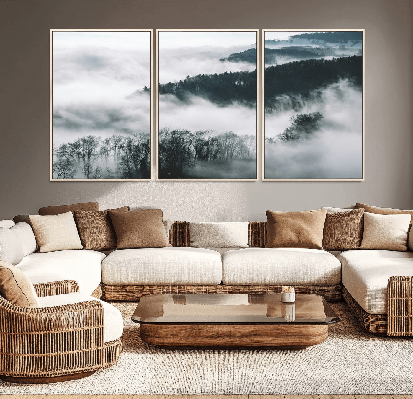 MGV-FC-60X30-3P - Foggy Forest Landscape Wall Art Canvas Print – Misty Mountain Valley Scene in Monochrome Tones,