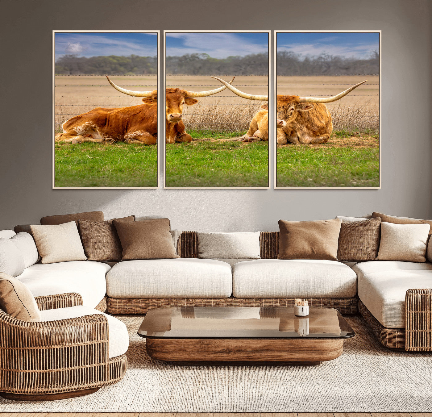 MGV-FC-60X30-3P - Texas Longhorn Pair Wall Art Canvas Print – Peaceful Rustic Ranch Scene with Two Cattle in Field,