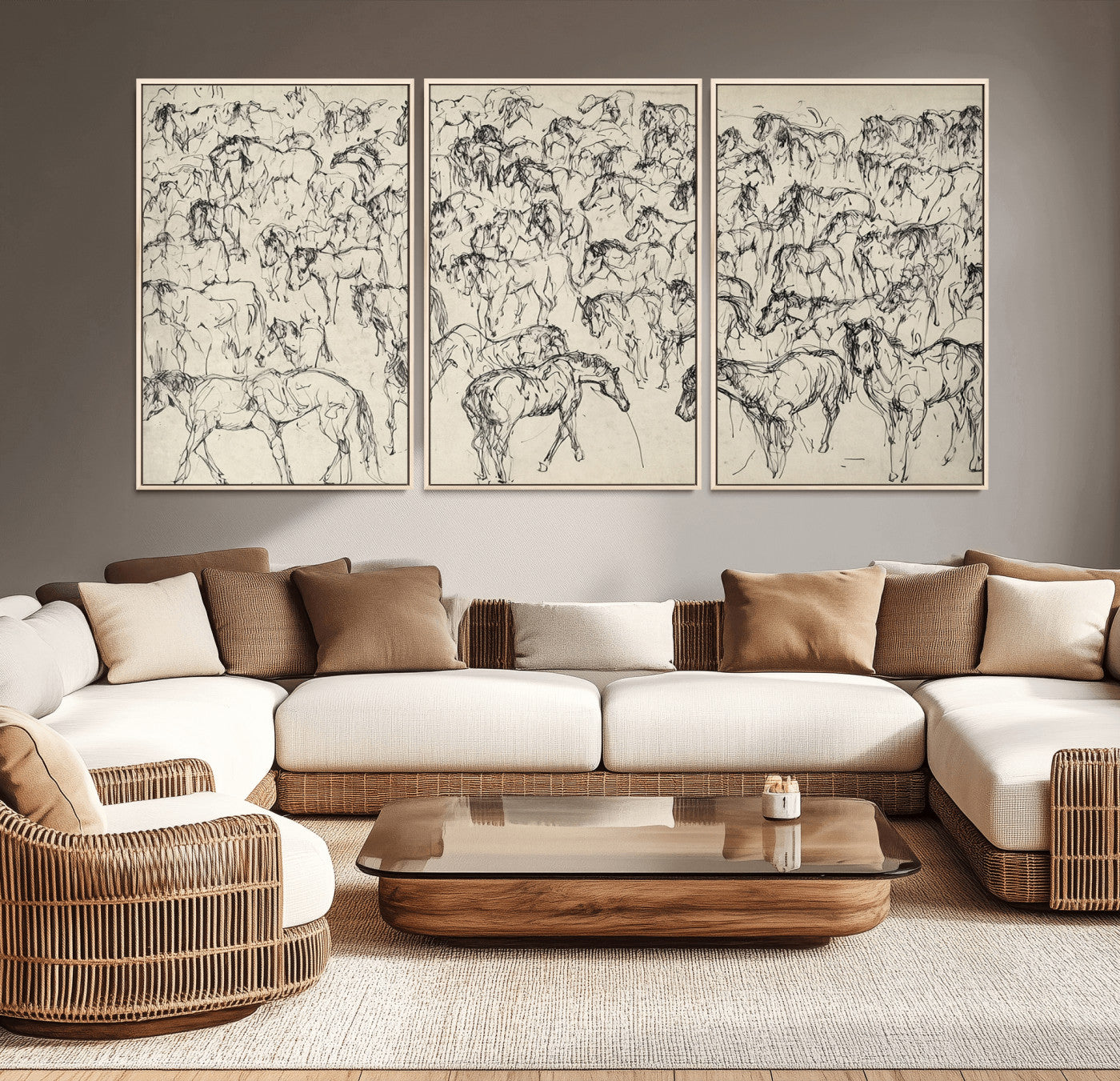 86653927-MGV-CV-36X24-Wild Horse Stampede Wall Art Canvas Print – Monochrome Running Horses Dynamic Motion Elegant Artwork for Home, Office