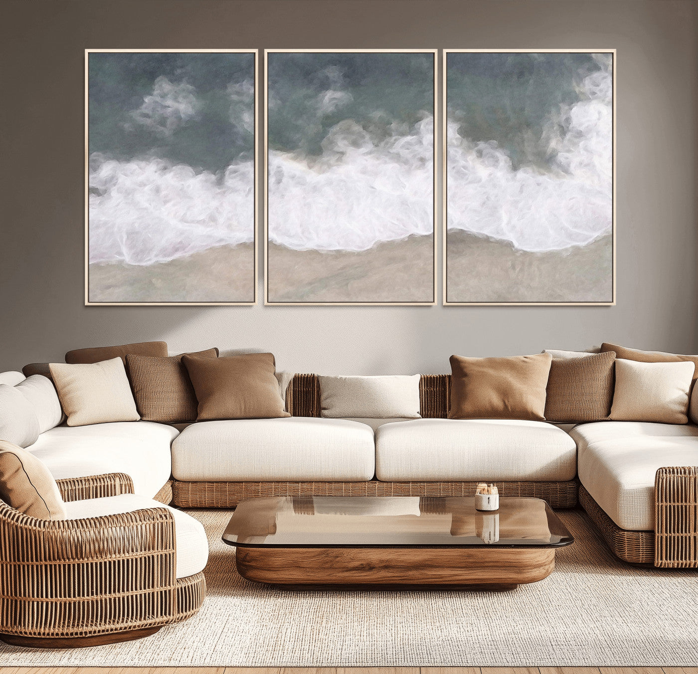 Wall art canvas print featuring foamy ocean waves softly rolling onto a sandy shore with a dreamy, painterly texture.
