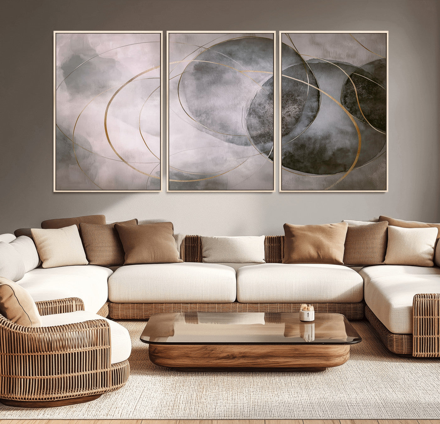 MGV-FC-60X30-3P - Wall Art Canvas Print Abstract Gray Black Gold Circles Soft Texture Modern Minimalist Artistic Home Decor Contemporary Elegant Stylish Unique