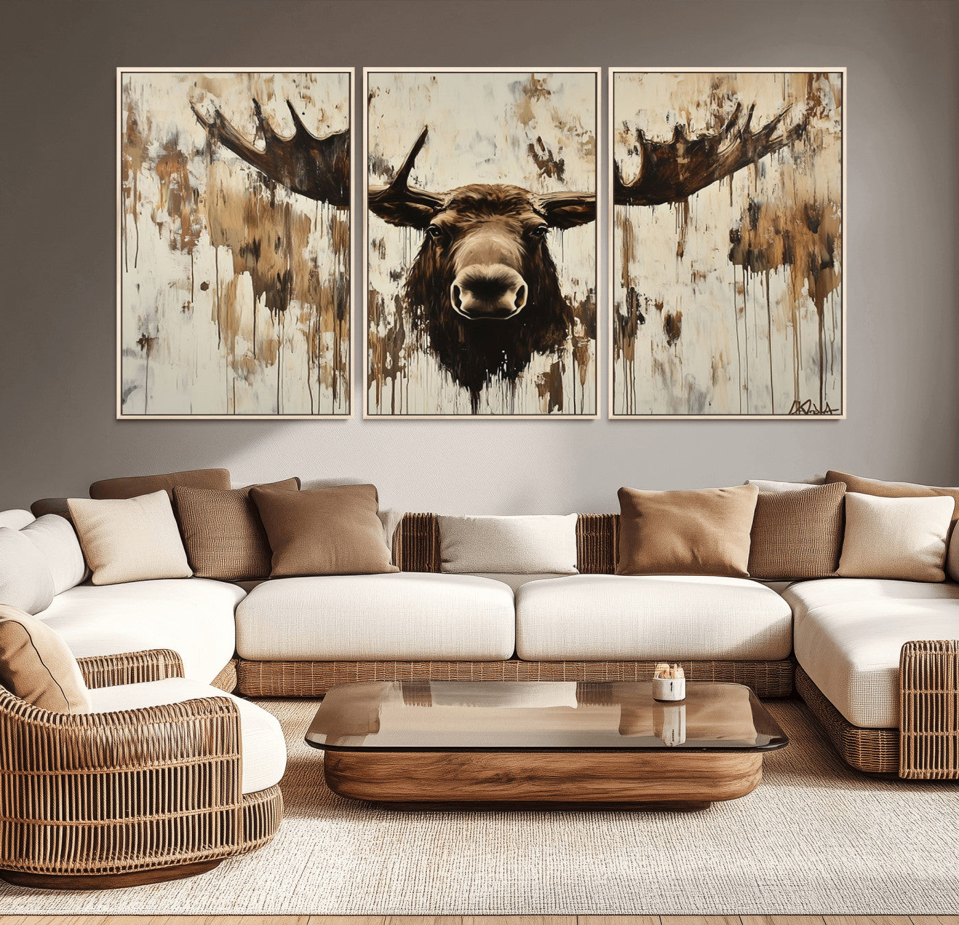 Expressive painting of a moose head with wide antlers in dark brown and beige tones, featuring paint drips and splatters on a light textured background, creating a striking rustic wall art canvas.