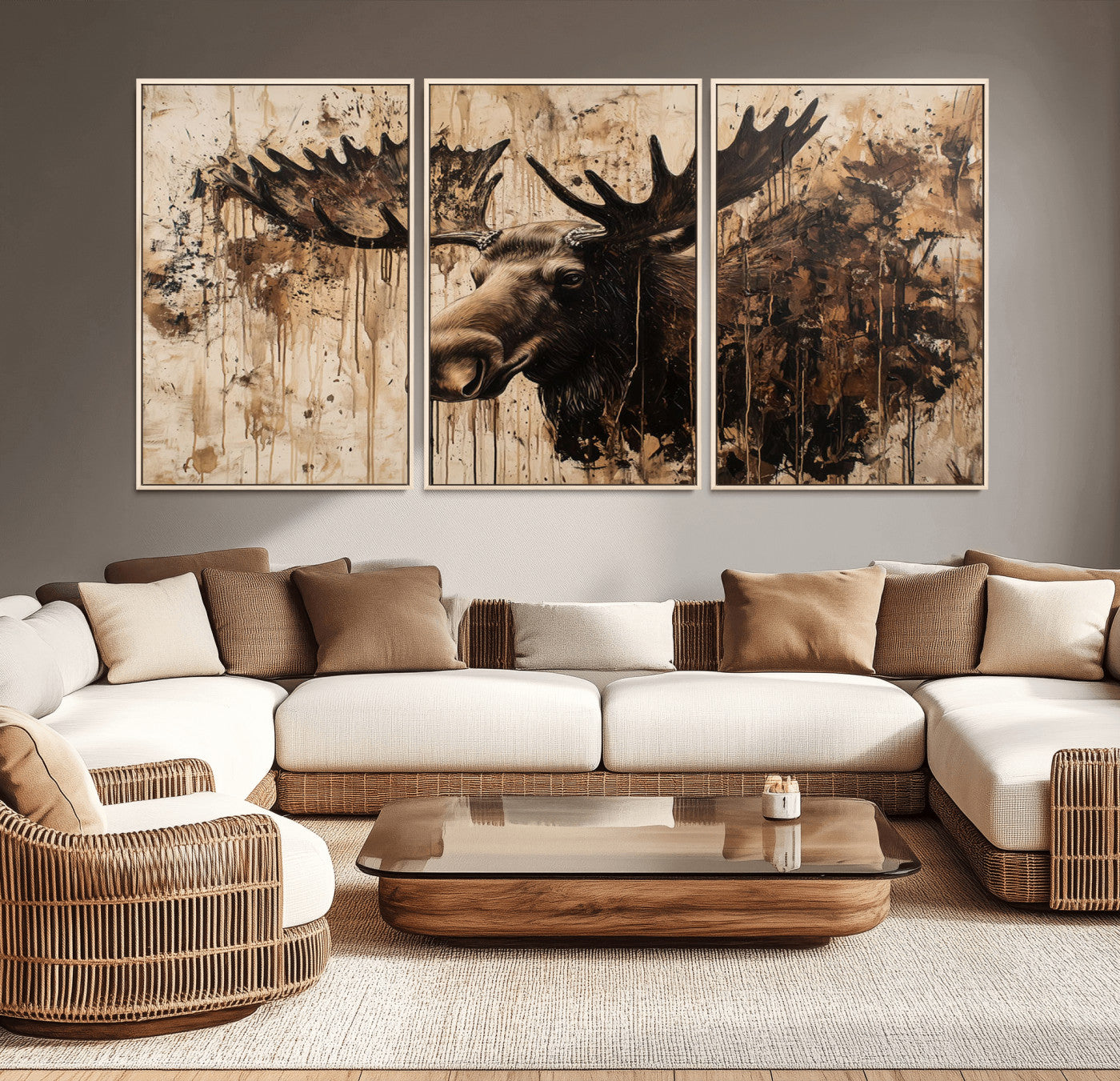 Artistic painting of a moose head with large antlers in shades of brown and black, with paint splatters and drips on a beige textured background, creating a rustic and expressive wall art canvas.