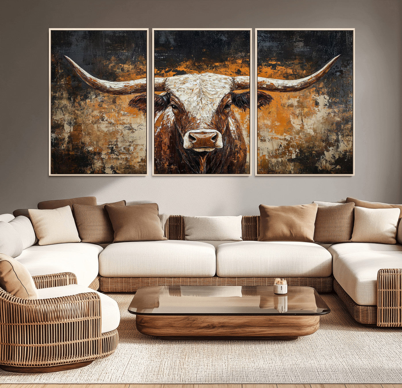 25265572-MGV-CV-36X24-Rustic Longhorn Bull Wall Art Canvas Print – Vintage Western Cattle Scene, Texas Steer Artwork for Home, Office