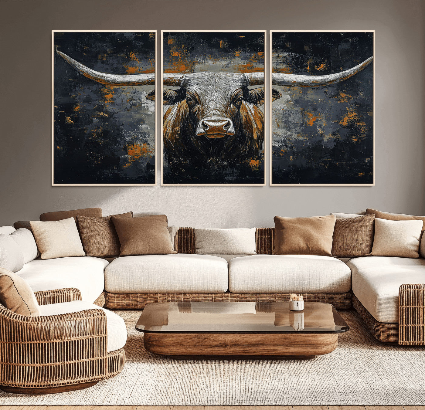 93195031-MGV-CV-36X24-Rustic Longhorn Bull Wall Art Canvas Print – Vintage Western Cattle Scene, Texas Steer Artwork for Home, Office