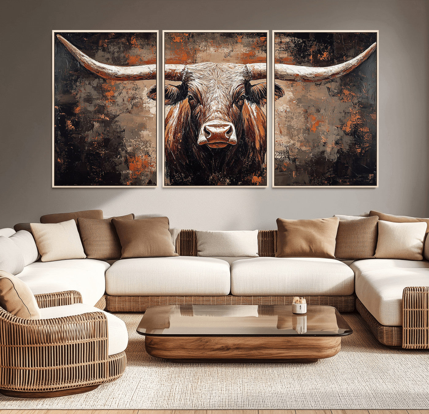 42732393-MGV-CV-36X24-Rustic Longhorn Bull Wall Art Canvas Print – Vintage Western Cattle Scene, Texas Steer Artwork for Home, Office