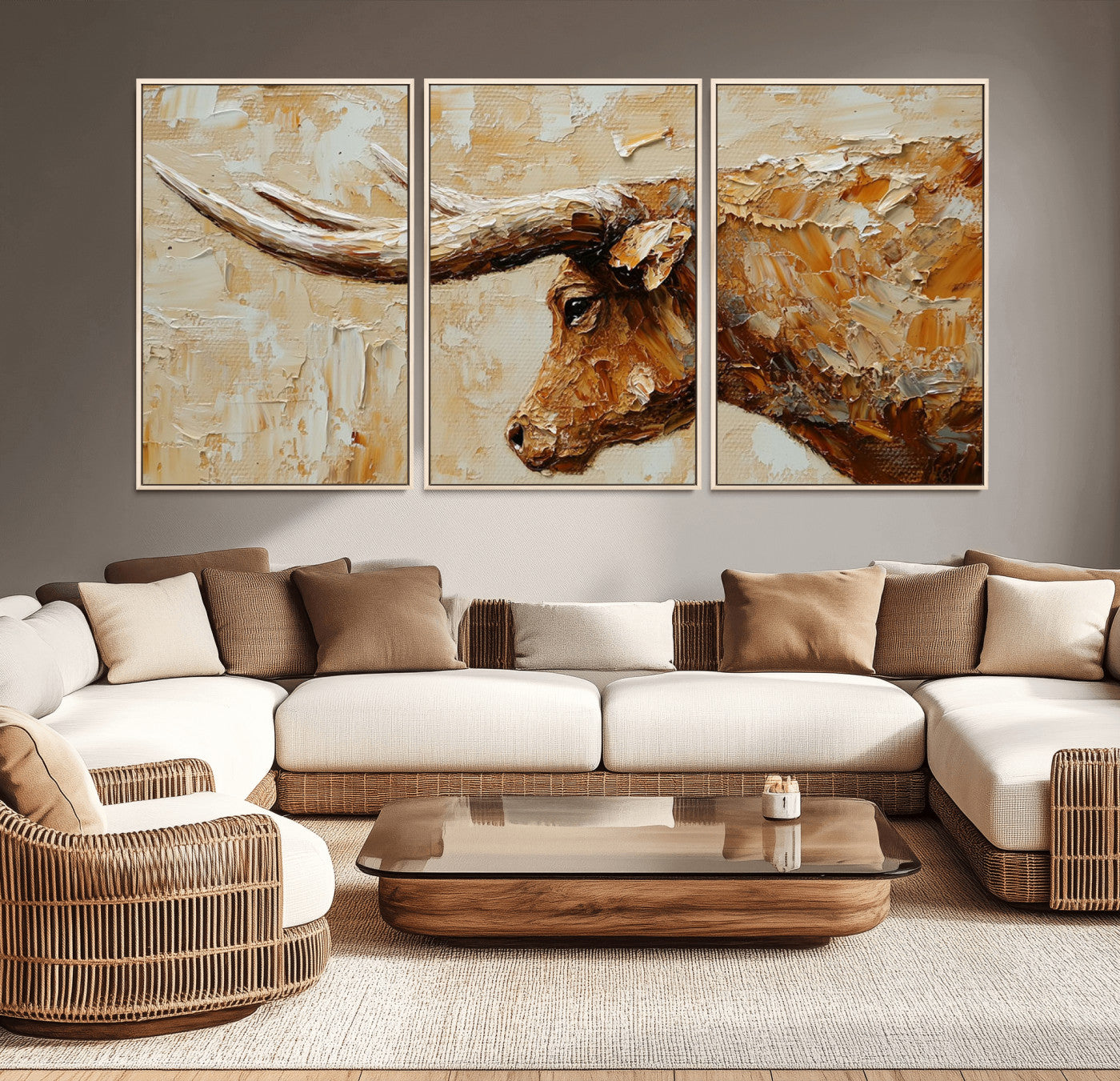 MGV-FC-60X30-3P - Rustic Longhorn Bull Wall Art Canvas Print – Vintage Western Cattle Painting, Texas Steer Artwork