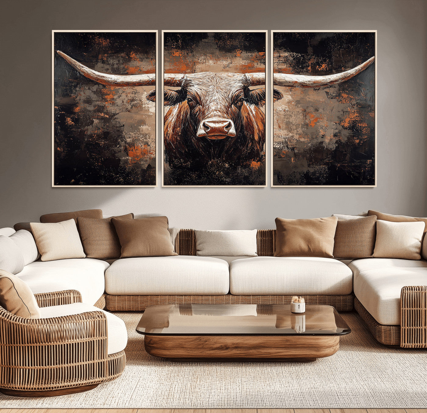 MGV-FC-60X30-3P - Rustic Longhorn Bull Wall Art Canvas Print – Vintage Western Cattle Painting, Texas Steer Artwork Print