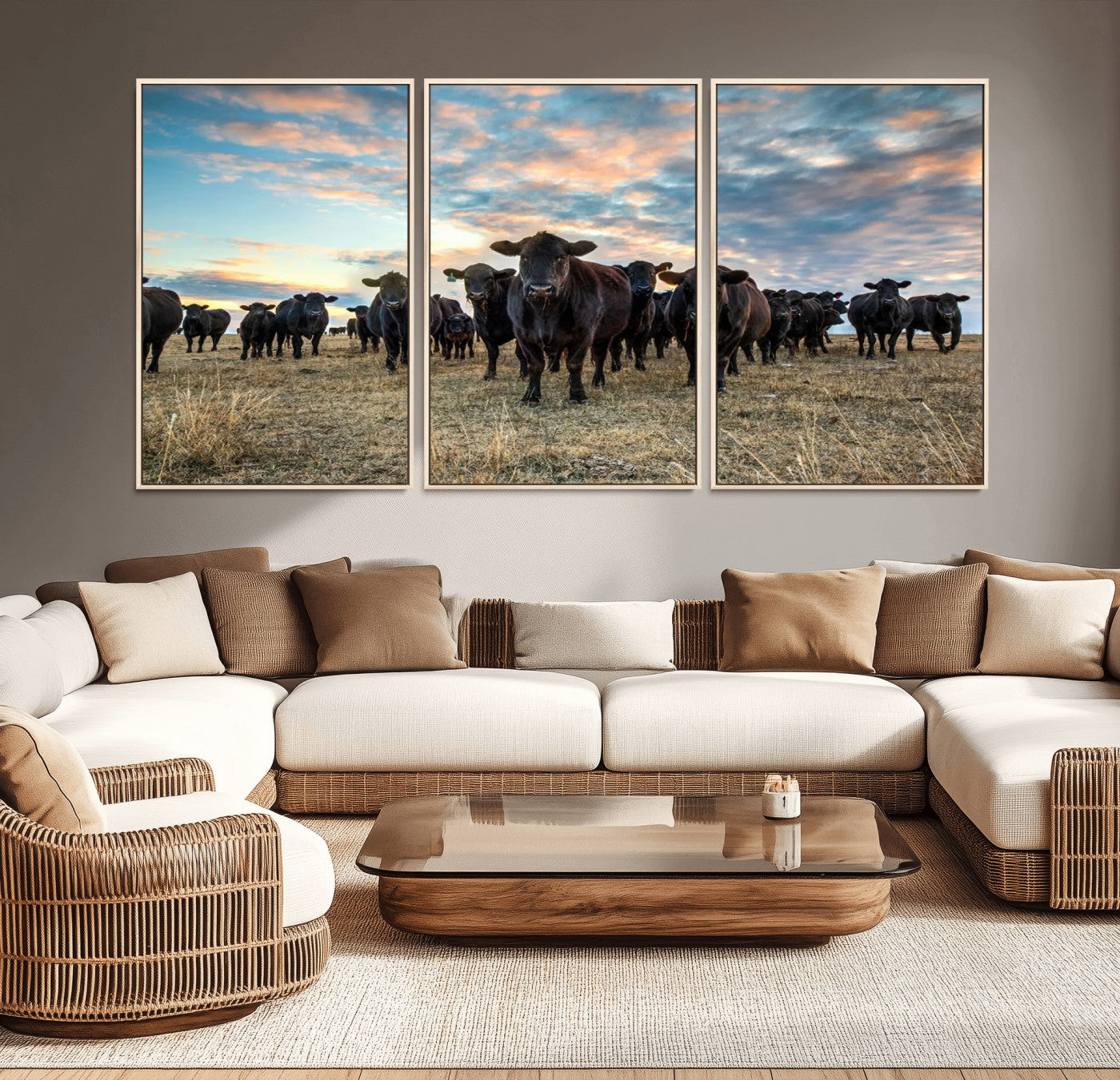 MGV-FC-60X30-3P - Texas Longhorn Cattle Wall Art Canvas Print – Rustic Western Ranch Scene with Steers at Sunset,