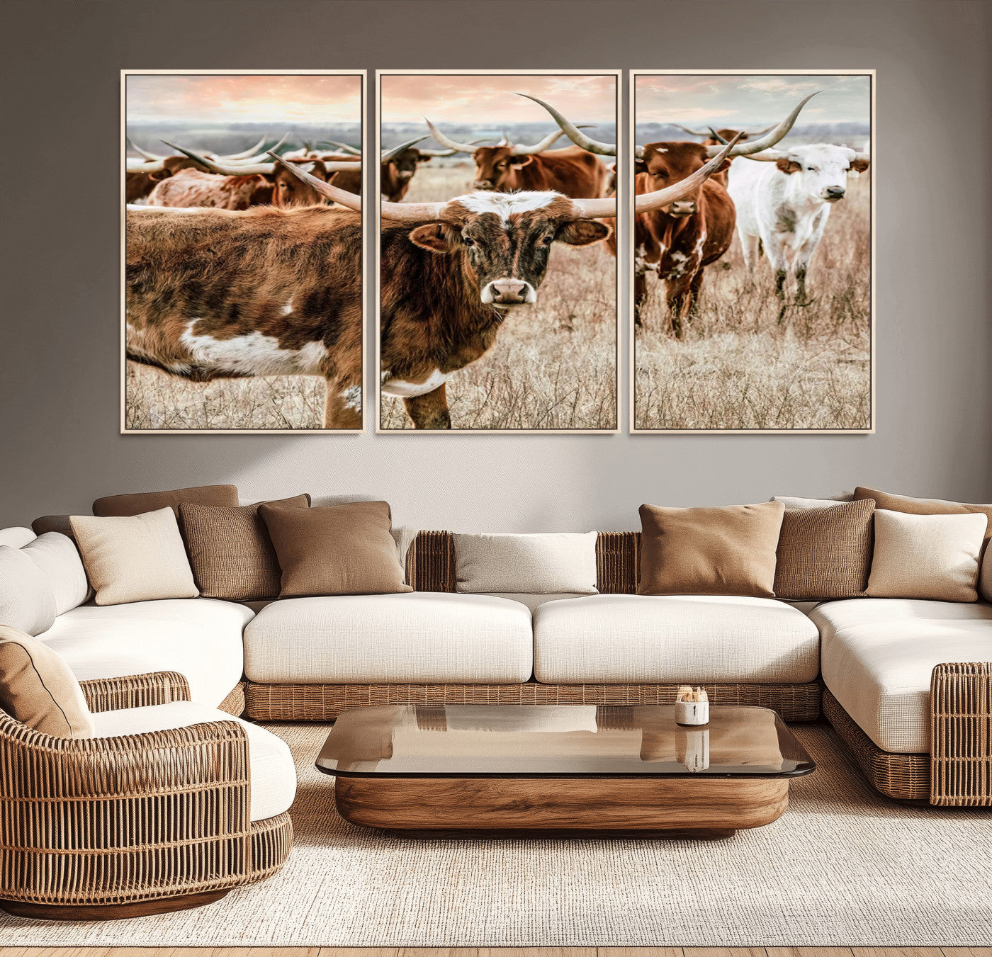 MGV-FC-60X30-3P - Texas Longhorn Cattle Wall Art Canvas Print – Rustic Western Ranch Scene with Steers at Sunset,