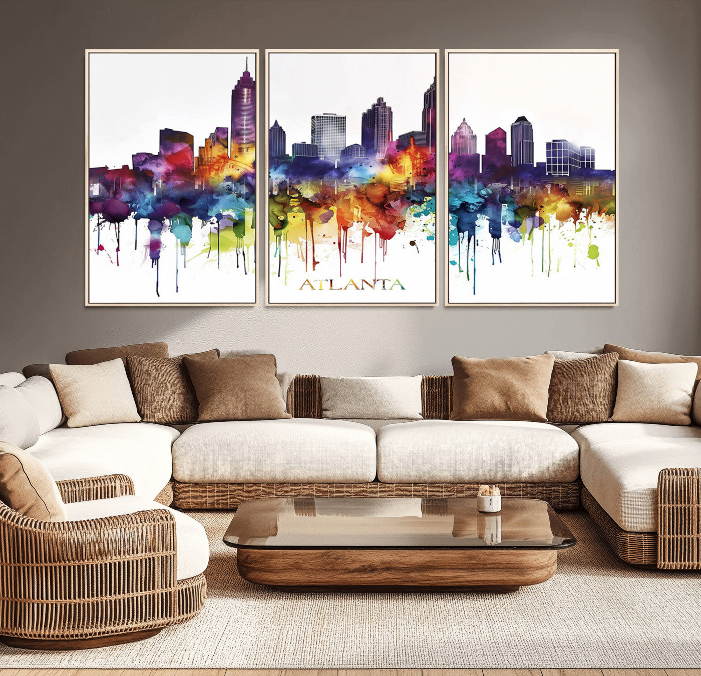 36048320-MGV-CV-36X24-Atlanta Skyline Wall Art Canvas Print – Framed Colorful Watercolor Cityscape Abstract Urban Artwork for Home, Office