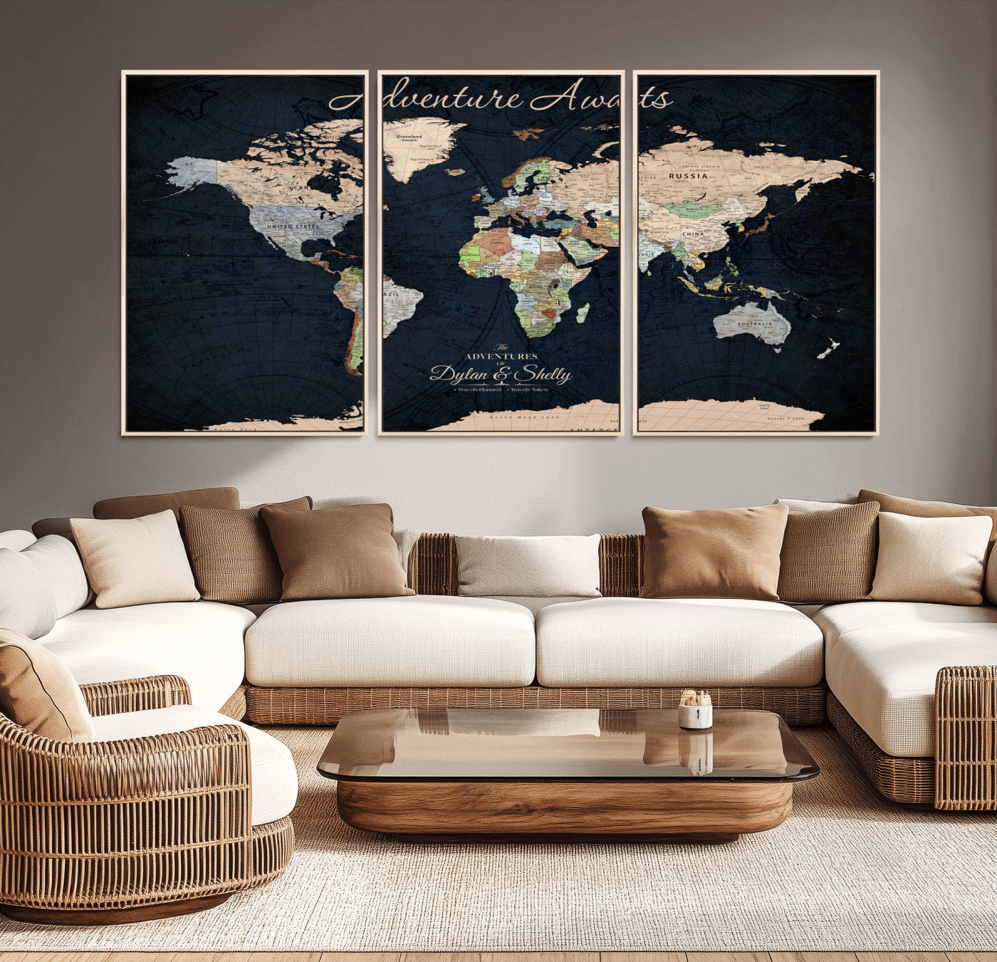 43186793-MGV-CV-30X20-Personalized World Map Print, Customizable Push Pin Framed World Map Print on Canvas - Custom Quote on Map Print