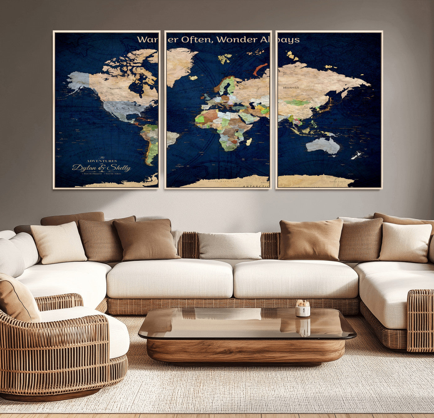 Rehber01-MGV-CV-36X24-Personalized World Map Canvas – Custom Framed Push Pin Travel Map Wall Art, Navy Blue Vintage Gift for Couples and Adventurers