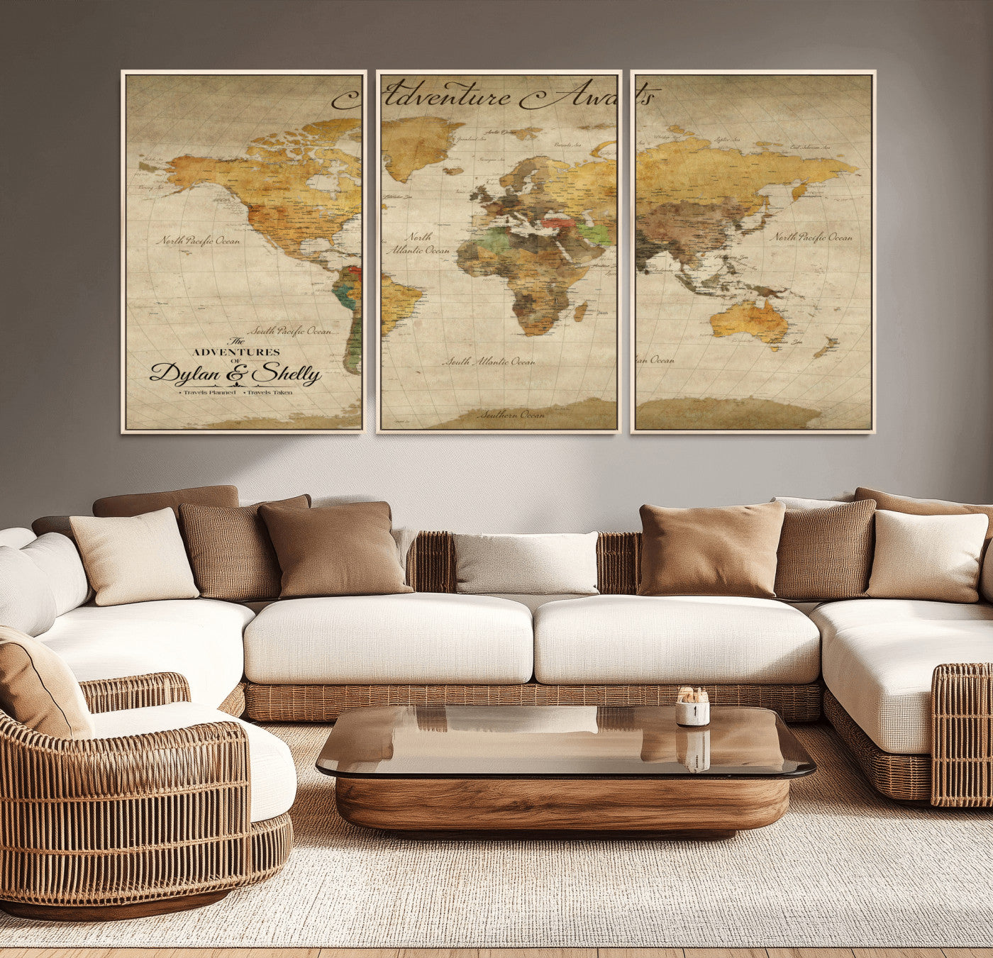 Rehber01-MGV-CV-36X24-Personalized World Map Canvas – Custom Framed Push Pin Travel Map Wall Art, Rustic Vintage Gift for Couples and Travel Lovers