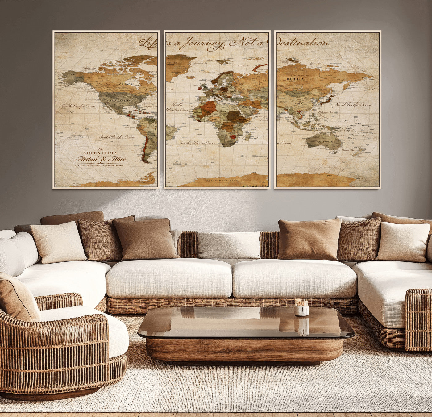 Rehber01-MGV-CV-36X24-Personalized Vintage World Map Canvas – Custom Framed Push Pin Travel Map Wall Art, Rustic Gift for Couples and Travel Lovers