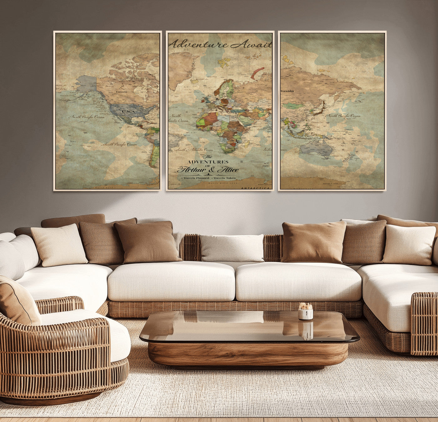 Rehber01-MGV-CV-36X24-Personalized Vintage World Map Canvas Print – Custom Push Pin Travel Map Antique Style Gift for Couples Travelers for Home Office