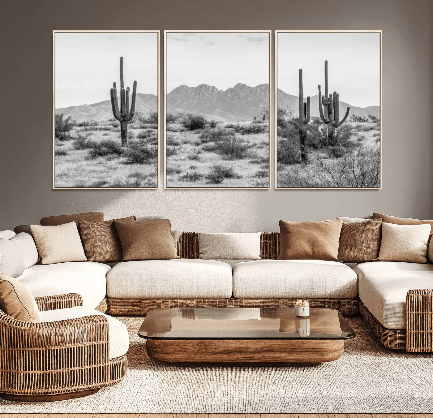 MGV-FC-60X30-3P - Black White Arizona Desert Canvas Wall Art Cactus Farmhouse Wall Art