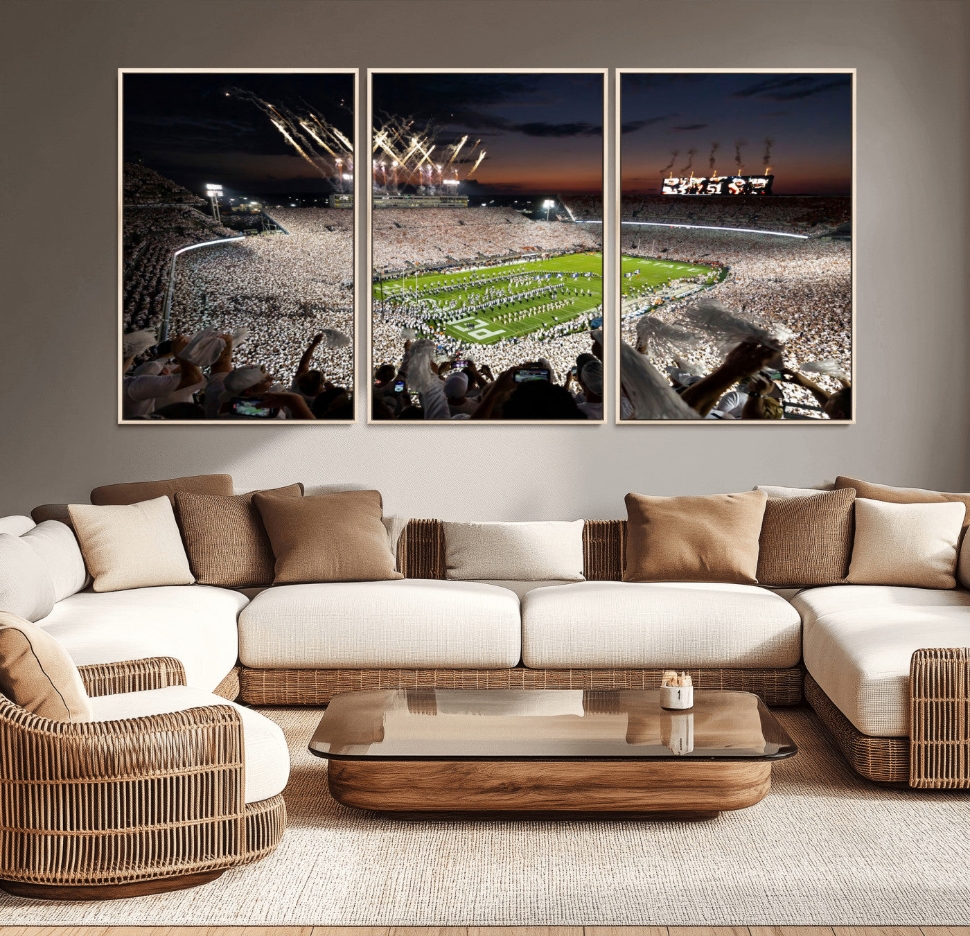 Penn State Stadium Wall Art Print, White Out Football Game Canvas Wall Art, Framed Sports Stadium, Large College Football Canvas Print for Game Room - Man Cave + 555