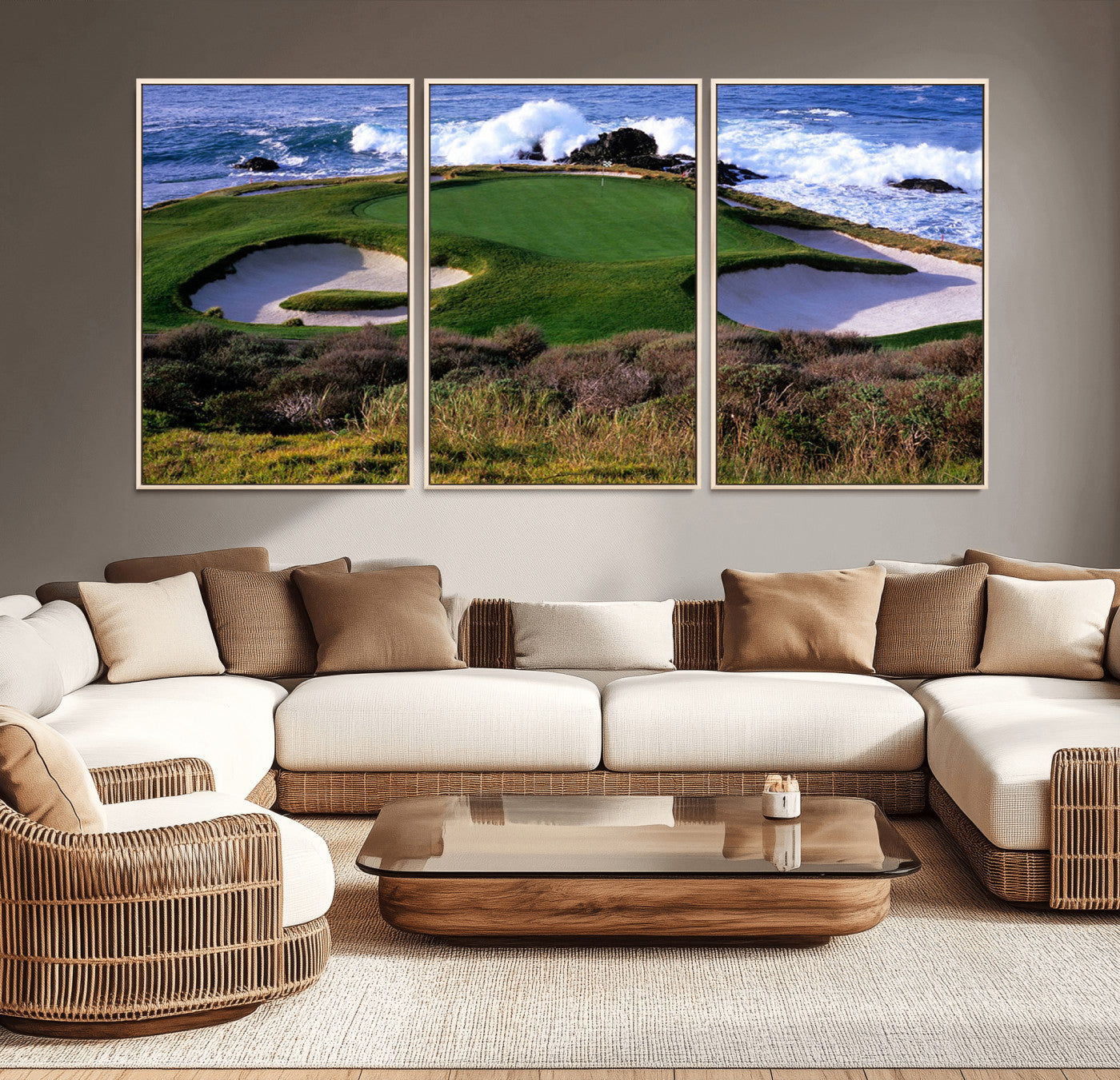 22776914-MGV-CV-36X24-Ocean Cliff Golf Green Canvas Print – Framed Majestic Coastal Scene with Lush Green Artwork for Home, Office