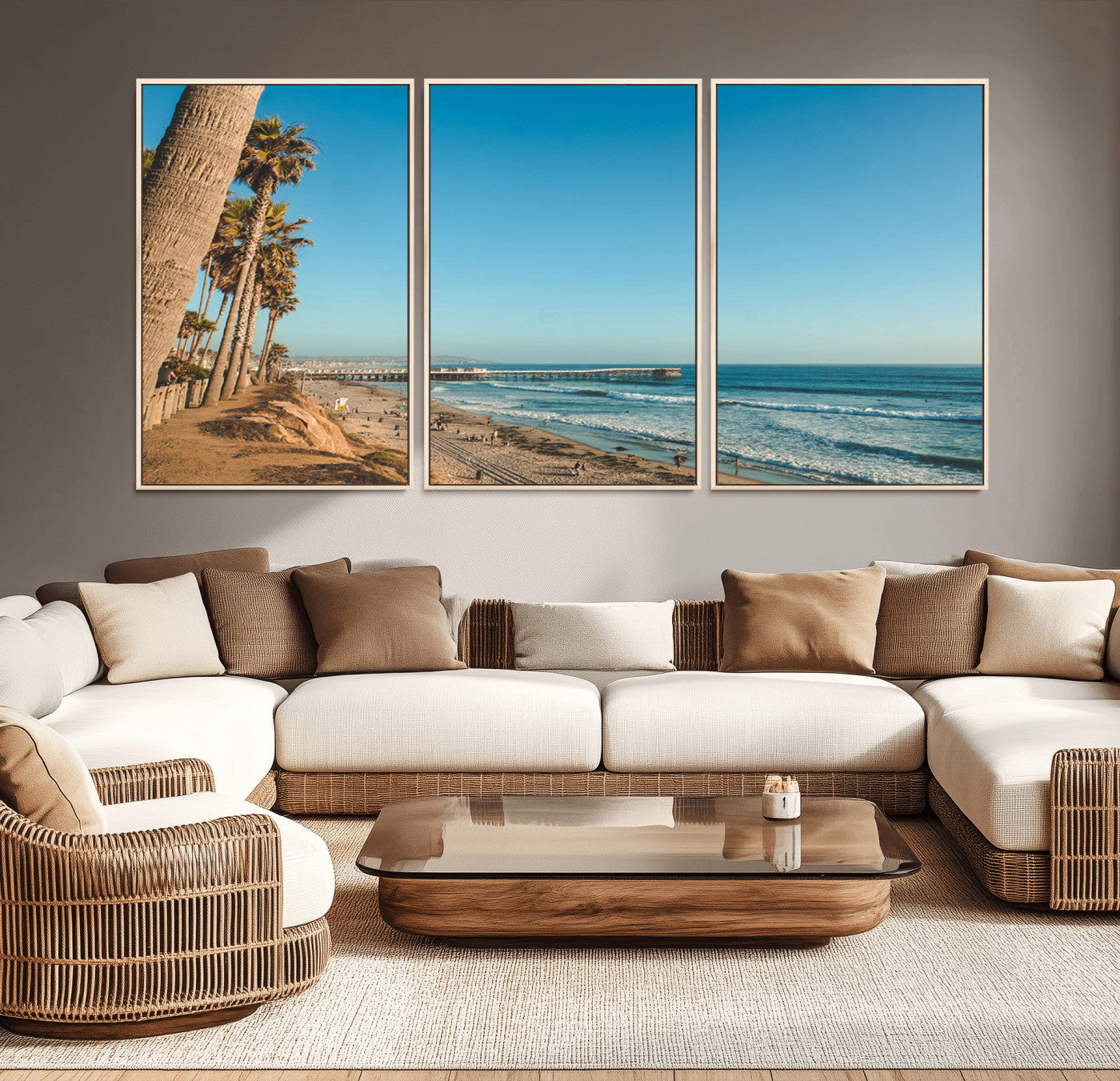 MGV-FC-60X30-3P - Scenic Beach with Tall Palm Trees, Sandy Shore, and Long Pier Stretching into the Calm Ocean Under